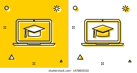 Black Graduation cap on screen laptop icon isolated on yellow and white background. Online learning or e-learning concept. Random dynamic shapes. Vector Illustration