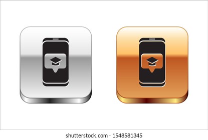 Black Graduation cap on screen smartphone icon isolated on white background. Online learning or e-learning concept. Silver-gold square button. Vector Illustration