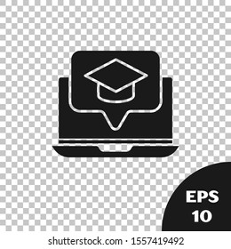 Black Graduation cap on screen laptop icon isolated on transparent background. Online learning or e-learning concept.  Vector Illustration