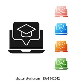 Black Graduation cap on screen laptop icon isolated on white background. Online learning or e-learning concept. Set icons colorful. Vector Illustration