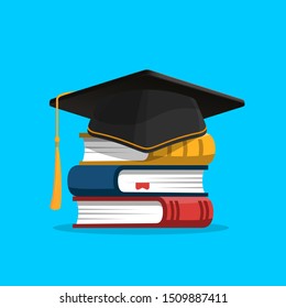 Black graduation cap on stack of books. Education and graduation concept. Vector illustration in flat style.