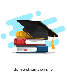 Black graduation cap on stack of books. Education and graduation concept. Vector illustration in flat style.