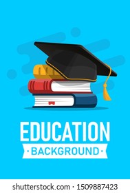 Black graduation cap on stack of books. Education and graduation concept. Vector illustration in flat style.