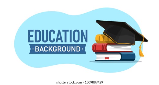 Black graduation cap on stack of books. Education and graduation concept. Vector illustration in flat style.