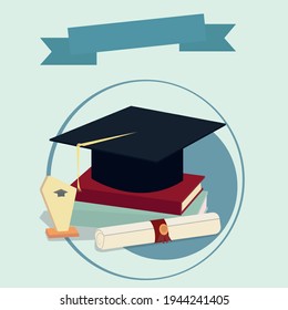 Black graduation cap on stack of books. Education and graduation concept