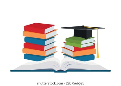 Black graduation cap on stack of books. Huge pile of books and encyclopedias, education and success concept. University library, academic and school knowledge. Education and graduation concept