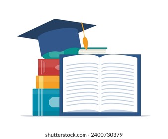 Black graduation cap on stack of books. Education and graduation concept. Vector illustration in flat style