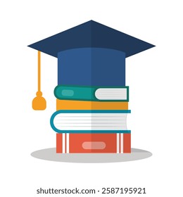 Black graduation cap on stack of books. Education and graduation concept. 