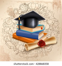 Black graduation cap on stack of books and diploma on doodle hand drawn background with different school objects. Back to school concept. Congratulation Graduation. Vector illustration.