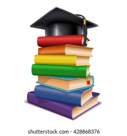 Black graduation cap on stack of books. Isolated on white background. Graduation concept. Back to school concept. Vector illustration.