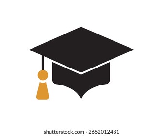 Black graduation cap with orange tassel isolated on white background