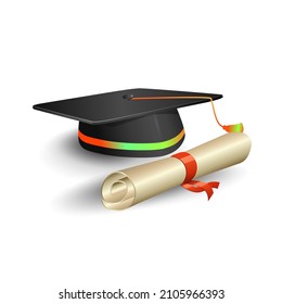 black graduation cap with paper roll and red ribbon. vector illustration