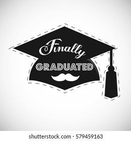 black graduation cap for photo booth, finally graduated  sentence, and 
moustache icon