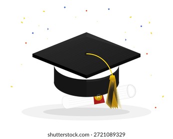 A black graduation cap sits above a rolled diploma. Colorful confetti falls around the cap, marking a moment of celebration after completing an academic program.