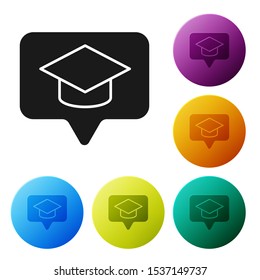Black Graduation cap in speech bubble icon isolated on white background. Graduation hat with tassel icon. Set icons colorful circle buttons. Vector Illustration