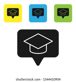 Black Graduation cap in speech bubble icon isolated on white background. Graduation hat with tassel icon. Set of colorful square icon buttons. Vector Illustration
