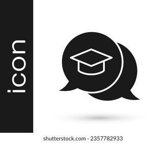 Black Graduation cap in speech bubble icon isolated on white background. Graduation hat with tassel icon.  Vector