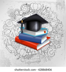 Black graduation cap and stack of books on doodle hand drawn background with different school objects. Back to school concept. Congratulation Graduation. Vector illustration.