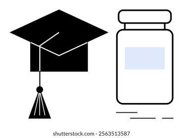 A black graduation cap and a stylized medicine bottle with a label Ideal for, themes of education healthcare medical research academic achievement professional development career growth medicine