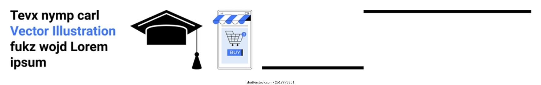 Black graduation cap with tassel, blue-outlined shopping cart on a sealed envelope. Ideal for educational content, e-commerce, graduation announcements, academic achievements, online shopping