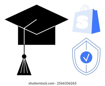 Black graduation cap tassel hanging off a rectangular shape. Blue shopping bag with an S on it. Blue shield with a checkmark inside. Ideal for education, e-commerce security, certification, learning