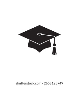 Black graduation cap with tassel icon isolated on white background for achievement symbol. Symbolizes education, academia, and graduation success in a vector design.