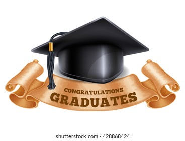 Boné de graduação preto com fita vintage. Isolado no fundo branco. Parabéns Graduados inscrição na fita. Conceito de graduação. Ilustração vetorial.