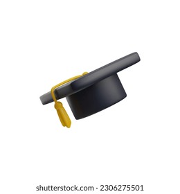 Black graduation cap with yellow tassel 3D style, vector illustration isolated on white background. College and university education, decorative design element