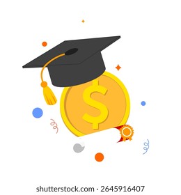 Black Graduation Cap with Yellow Tassel Golden Coin and Certificate Scroll for Academic Success and Financial Achievement Celebration