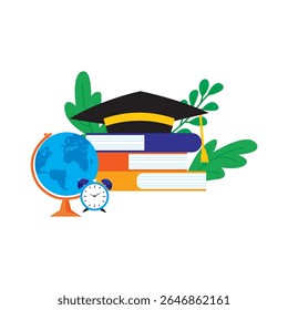 Black Graduation Cap with Yellow Tassel on Colorful Books, Blue Globe, and Alarm Clock for Education