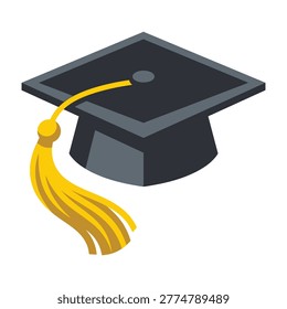 Black graduation cap with a yellow tassel isolated on white background. Symbol of academic success, university degree, high school commencement and scholarly pursuit.