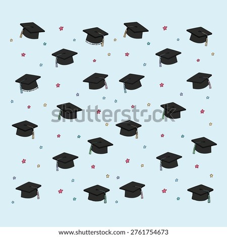 Black graduation caps float on light blue background. Pink and yellow stars add playful charm. Simple, cheerful design celebrates academic achievement