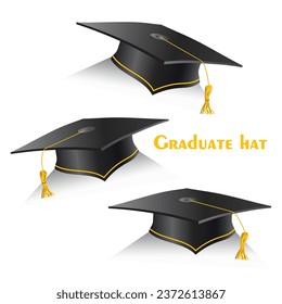 Black graduation hat with golden elements in different positions. Education student caps for ceremony. Vector isolated symbol