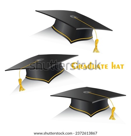 Black graduation hat with golden elements in different positions. Education student caps for ceremony. Vector isolated symbol