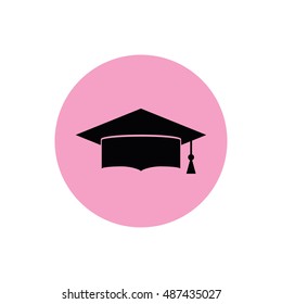 Black graduation hat icon vector illustration. Pink button. Pink circle