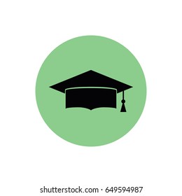 Black graduation hat icon vector illustration. Green button. Green circle