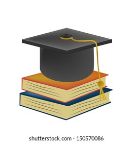 a black graduation hat standing above two big books