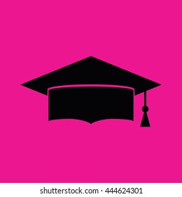 Black graduation hat vector icon illustration. Pink background
