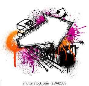 Black graffiti arrow sketch with orange and pink grunge paint splatter