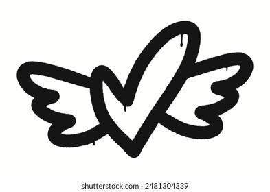 Black graffiti clip art. Urban street style. Sprayed paint heart with wings. Splash effects and drops. Grunge and spray texture.