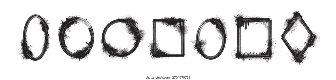 Black graffiti frame, dark splash edged border set, acrylic spray effect geometric grunge shape. Urban art decoration abstract splatter texture, oval, circle, square objects. Airy graffiti frame print