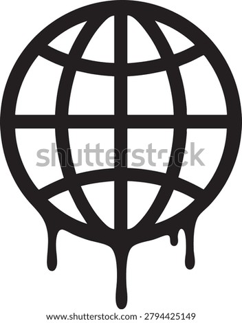 Black graffiti globe world outline icon with dripping paint in street art style.