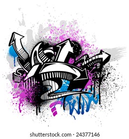 Black graffiti sketch with blue and pink grunge paint splatter