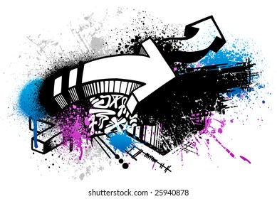 Black graffiti sketch with blue and pink grunge paint splatter