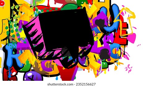 Black Graffiti Sprachblase auf buntem Hintergrund. Abstrakte moderne Messaging-Zeichen Straßenkunst Dekoration, Diskussion Ikone im urbanen Malstil.