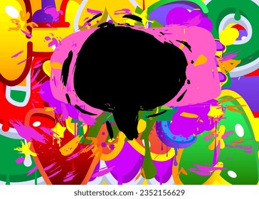 Black Graffiti speech bubble on colorful background. Abstract modern Messaging sign street art decoration, Discussion icon performed in urban painting style.