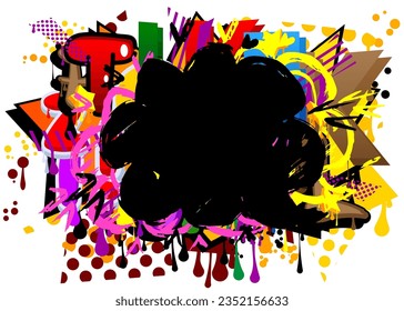 Black Graffiti speech bubble on colorful background. Abstract modern Messaging sign street art decoration, Discussion icon performed in urban painting style.