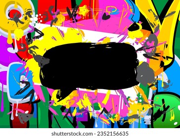 Black Graffiti Sprachblase auf buntem Hintergrund. Abstrakte moderne Messaging-Zeichen Straßenkunst Dekoration, Diskussion Ikone im urbanen Malstil.