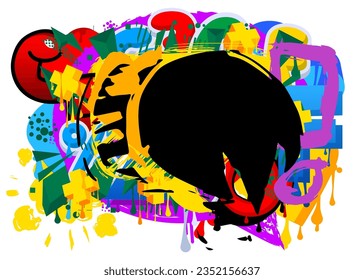 Black Graffiti speech bubble on colorful background. Abstract modern Messaging sign street art decoration, Discussion icon performed in urban painting style.