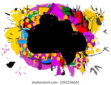 Black Graffiti speech bubble on colorful background. Abstract modern Messaging sign street art decoration, Discussion icon performed in urban painting style.